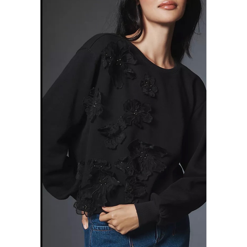 Anthropologie 3D Floral Appliqué Pullover Sweatshirt Black L